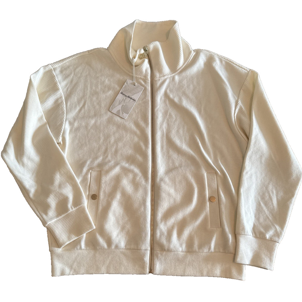 Tommy Bahama Women’s Knit Ottoman Full Zip-Up Jacket Small Cream Gold Accent
